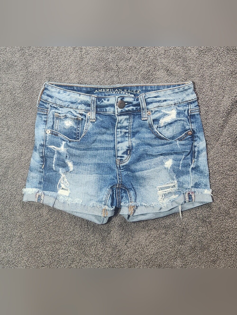 Medium Wash Destroy American Eagle Tomgirl Mid Rise Denim Shorts